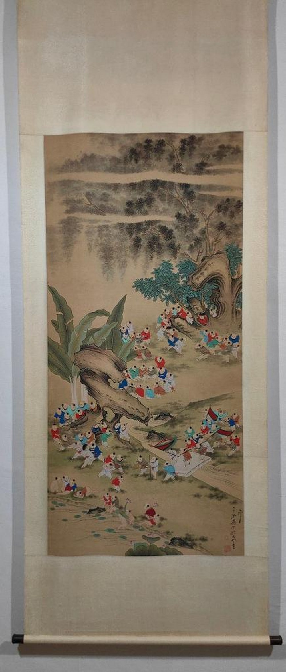 Festive Gathering Beneath the Tree – Inspired Scroll by Zhang Daqian: Festive Gathering Beneath the Tree – Inspired Scroll by Zhang Daqian This vibrant handpainted silk scroll, inspired by the expressive style of Zhang Daqian, captures a lively assembly of figures in