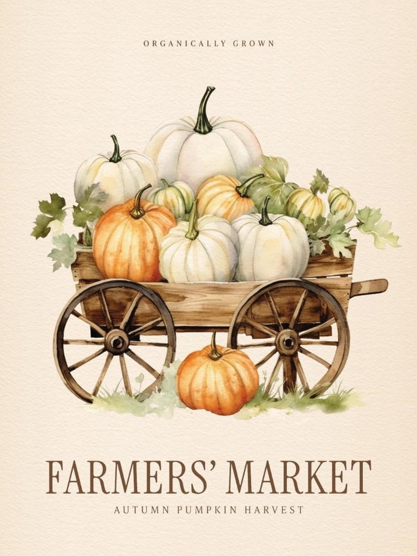 Harvest Market Print Poster: Harvest Market Print Poster An autumn-themed print of a wooden cart filled with orange and white pumpkins, accented with green leaves and the text "Organically Grown" and "Farmers' Ma