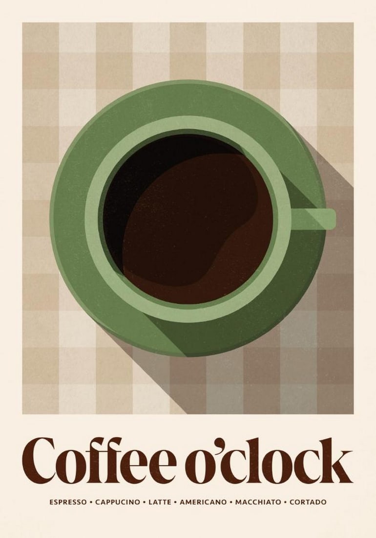 Green Coffee Print Poster: Green Coffee Print Poster A playful poster for coffee lovers featuring a green coffee cup on a beige checkered background. Bold "Coffee o'clock" text completes the fun and cozy design, en