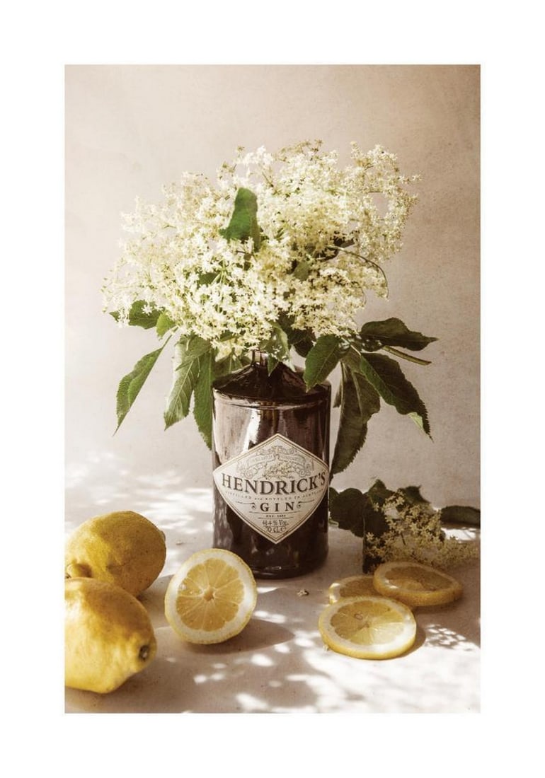 Lemons and Elderflower Gin Poster: Lemons and Elderflower Gin Poster A poster featuring a dark gin bottle with white elderflowers and yellow lemons, set against a soft background in warm tones. Designed with a textured effect and a