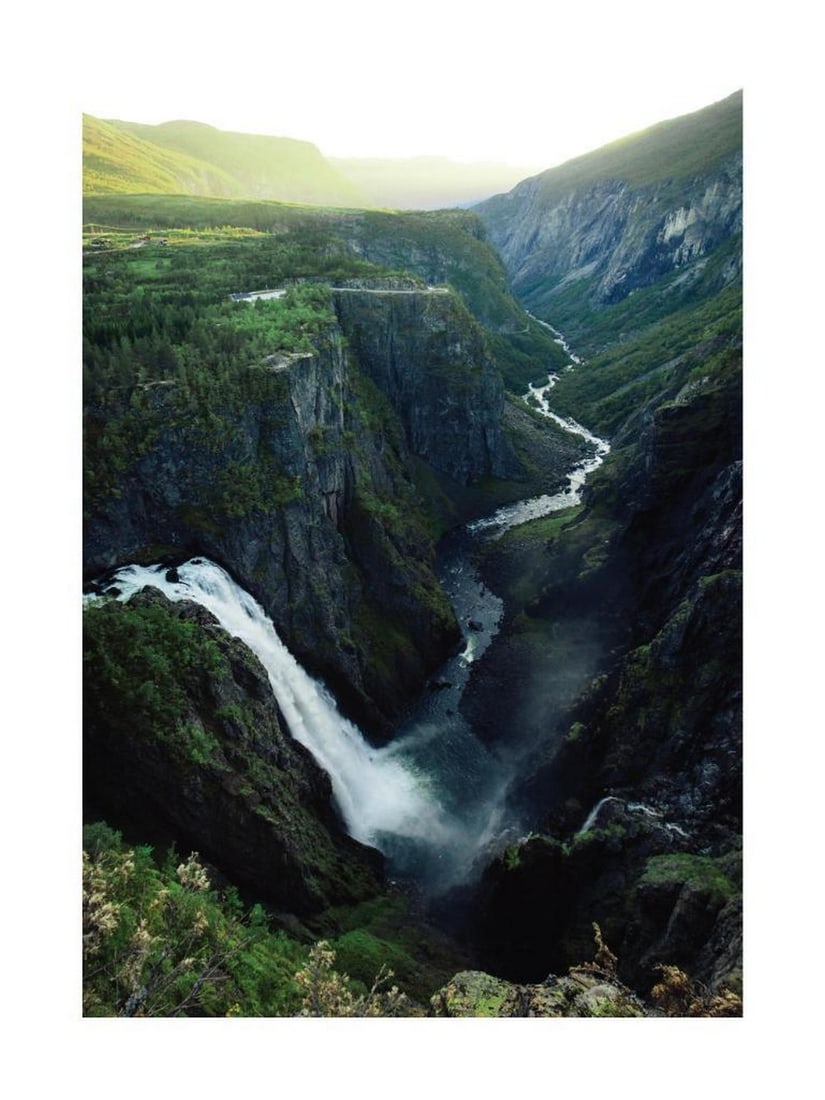 Norwegian Waterfall Poster: Norwegian Waterfall Poster A scenic print featuring Norway’s Vøringsfossen waterfall, cascading 182 meters through a lush green valley. The artwork captures the majesty and natural beauty of