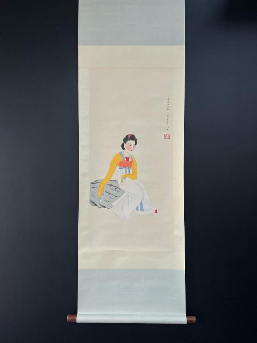 Wang Shuhui Fine Lady Paper Painting: Wang Shuhui Fine Lady Paper Painting A graceful paper painting attributed to the renowned Chinese artist Wang Shuhui, celebrated for his refined figure paintings. This artwork depicts an elegant lady,