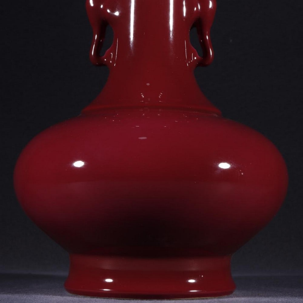 Old Collection Qing Dynasty Yongzheng Carmine Red Gilded Elephant-Ear Vase (1 of 8)