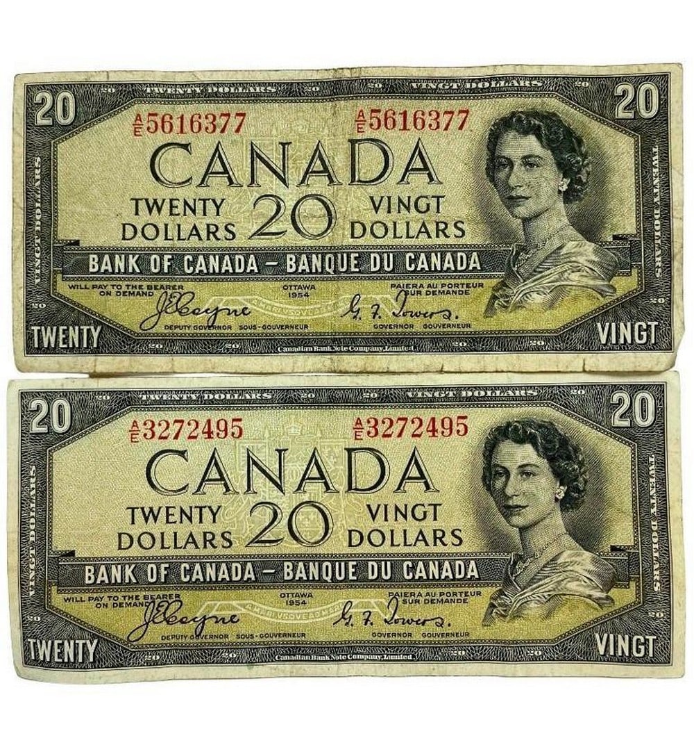Lot of 2- Authentic Rare 1954 Devils Face 20 Dollar Bank Note: Lot of 2- Authentic Rare 1954 Devils Face 20 Dollar Bank Note Own a piece of history with our Authentic Rare 1954 Devils Face 20 Dollar Bank Note. This remarkable artifact showcases the unique and ic