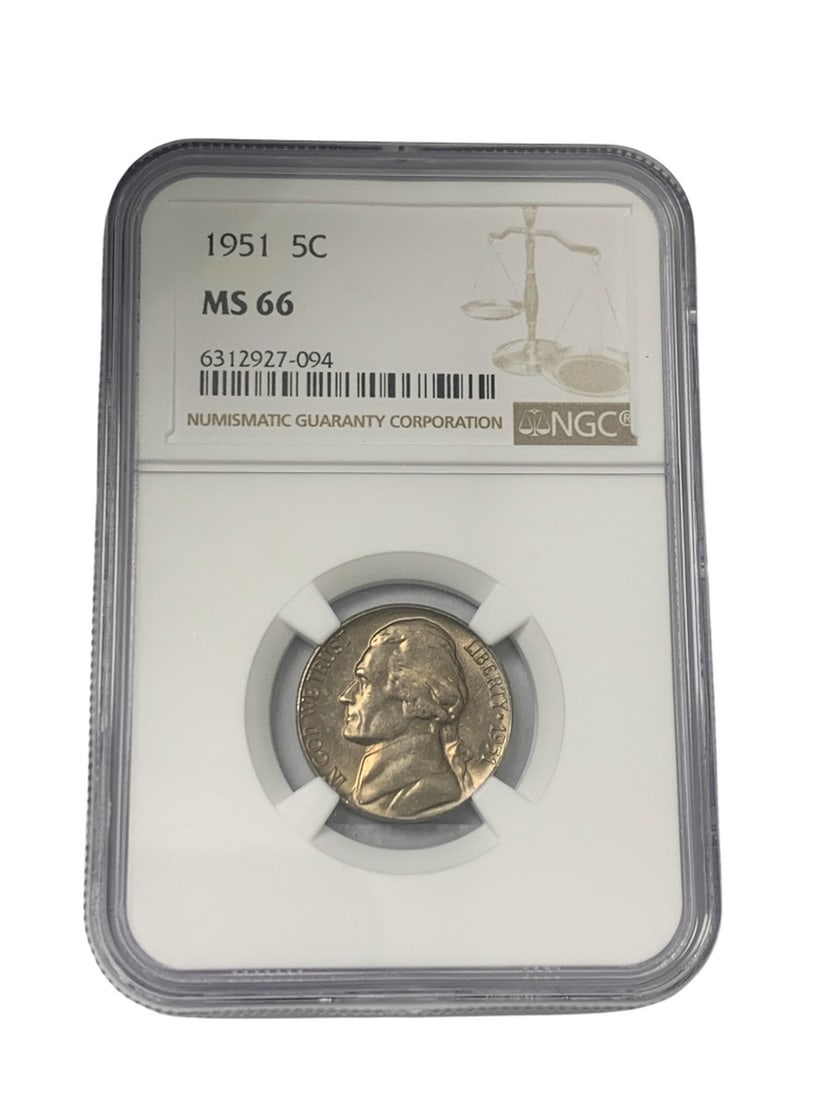 1951 Jefferson Nickel NGC MS-66: 1951 Jefferson Nickel NGC MS-66 The coin has been graded MS-66 by NGC. 6312927-094 View Photos For Further Details.