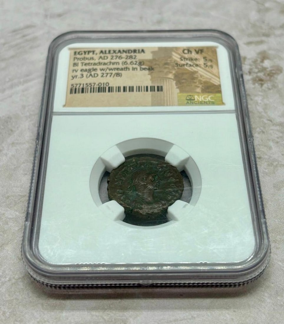 Probus, 276-282 AD Ancient Egyptian Coin: Egypt Alexandria Probus, AD 276-282 BI Tetradrachm (6.62g) rv eagle w/ wreath in beak yr.3 (AD 277/8) Grade: Ch VF Strike: 5/5 Surface: 5/5