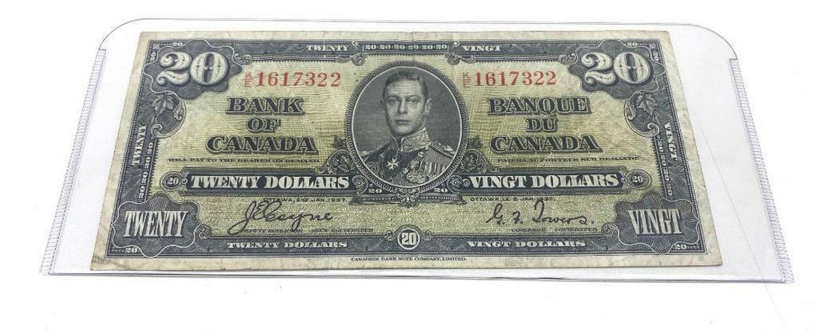 1937 BANK OF CANADA $20 BANK NOTE - K/E 1617322 - COYNE & TOWERS: 1937 Bank Of Canada $20 Bank Note - K/E 1617322 - Coyne & Towers. Please View Photos For Further Details.