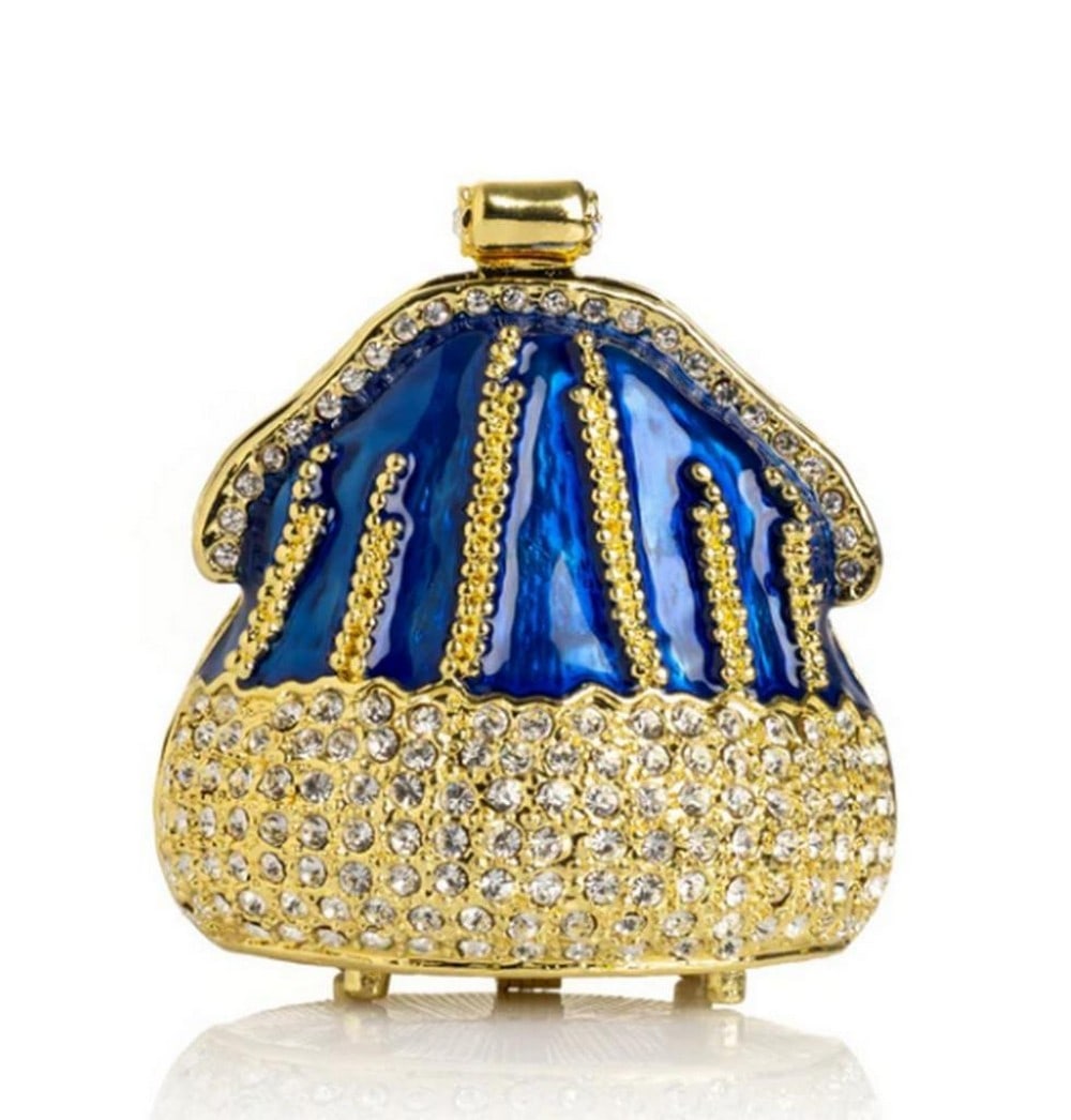 Golden Sapphire Purse Trinket Box: Golden Sapphire Purse Trinket Box This elegant enamel-painted trinket box is plated with either 24K gold or 925 silver and adorned with handpicked Austrian crystals, each carefully placed for a stunni
