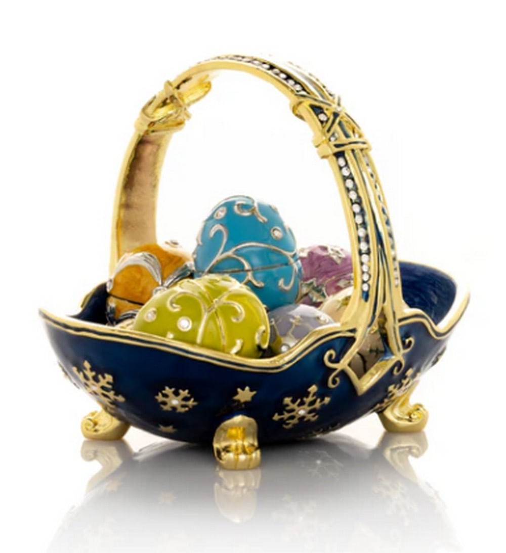 Magical Blue Basket with Miniature Inspired Faberge Eggs: Magical Blue Basket with Miniature Inspired Faberge Eggs This enamel painted trinket box, decorated with Austrian crystals, is handmade and plated with 24K gold or 925 silver. Each crystal is handpick