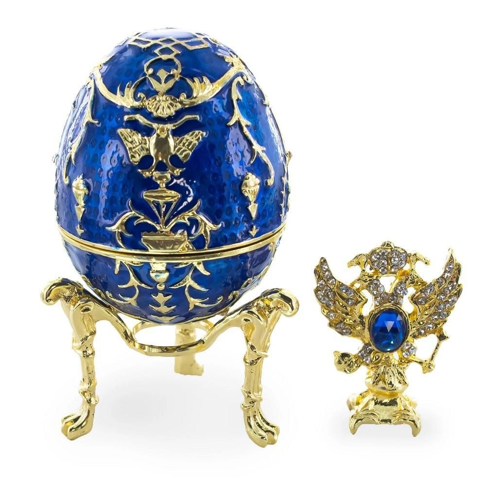 1912 Tsarevich Inspired Blue Royal Easter Egg: 1912 Tsarevich Inspired Blue Royal Easter Egg This exquisite Tsarevich Inspired Blue Royal Easter Egg is a stunning tribute to imperial craftsmanship. Meticulously hand-painted and adorned with