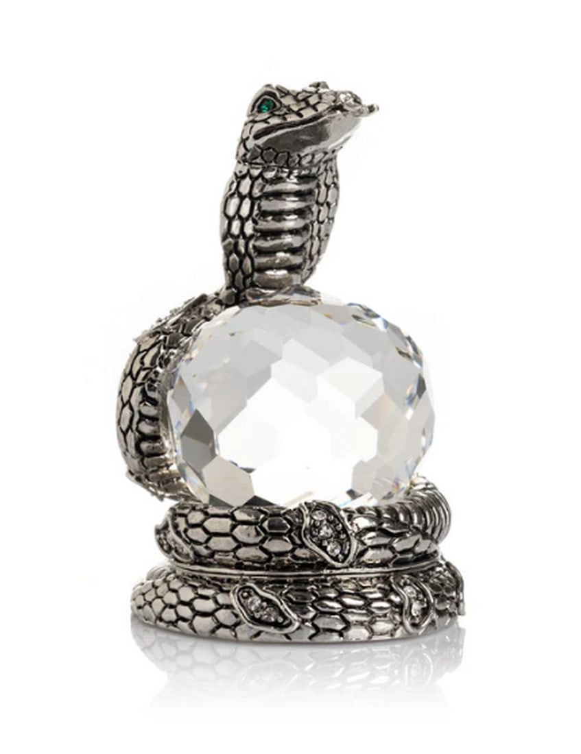 Silver Snake Wrapped around a Crystal Ball Trinket Box: Silver Snake Wrapped around a Crystal Ball Trinket Box This enamel-painted trinket box is beautifully decorated with handpicked Austrian crystals, each artistically placed to create a stunning