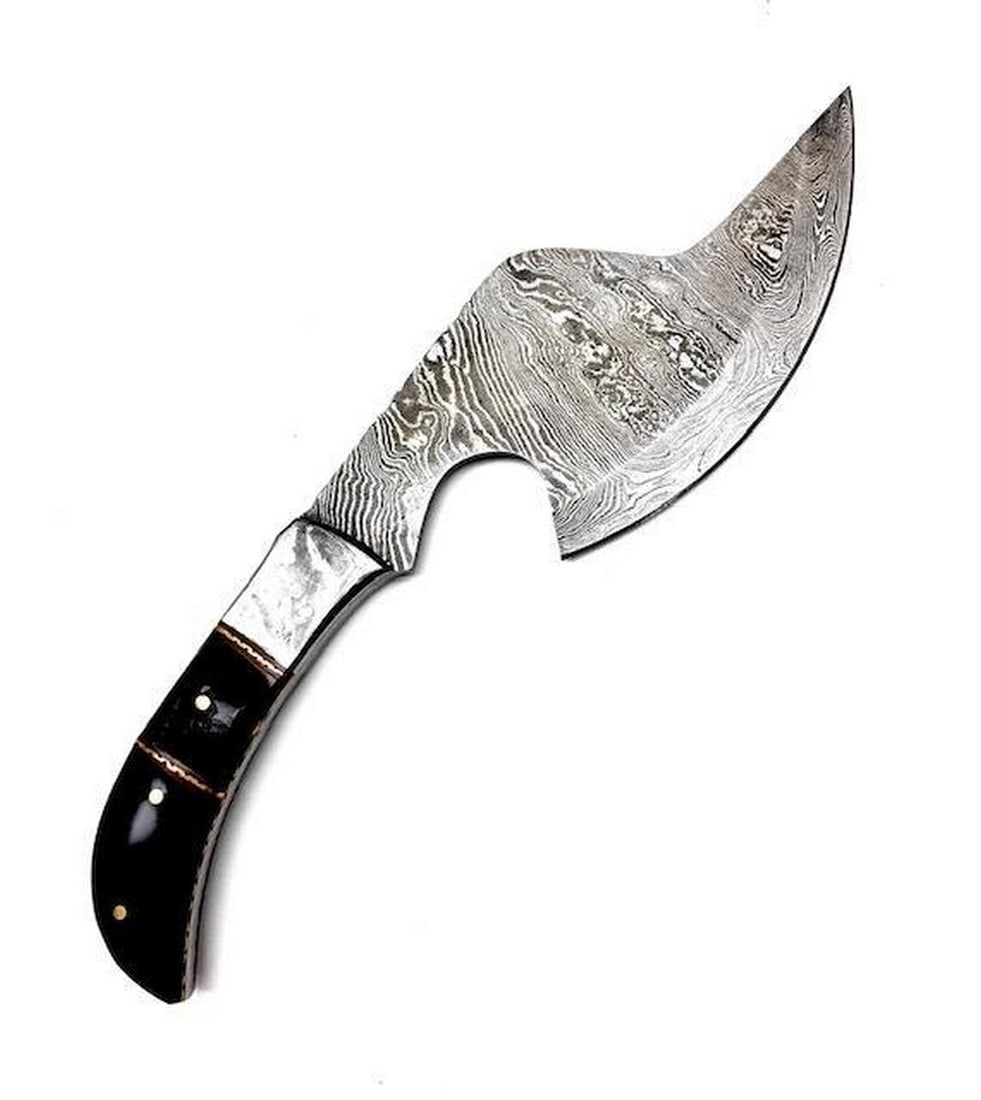 Wood And Steel Damascus Hatchet Full Tang: 10 Inch Long Wood And Steel Damascus Hatchet Full Tang. Please View Photos For Further Inspection.