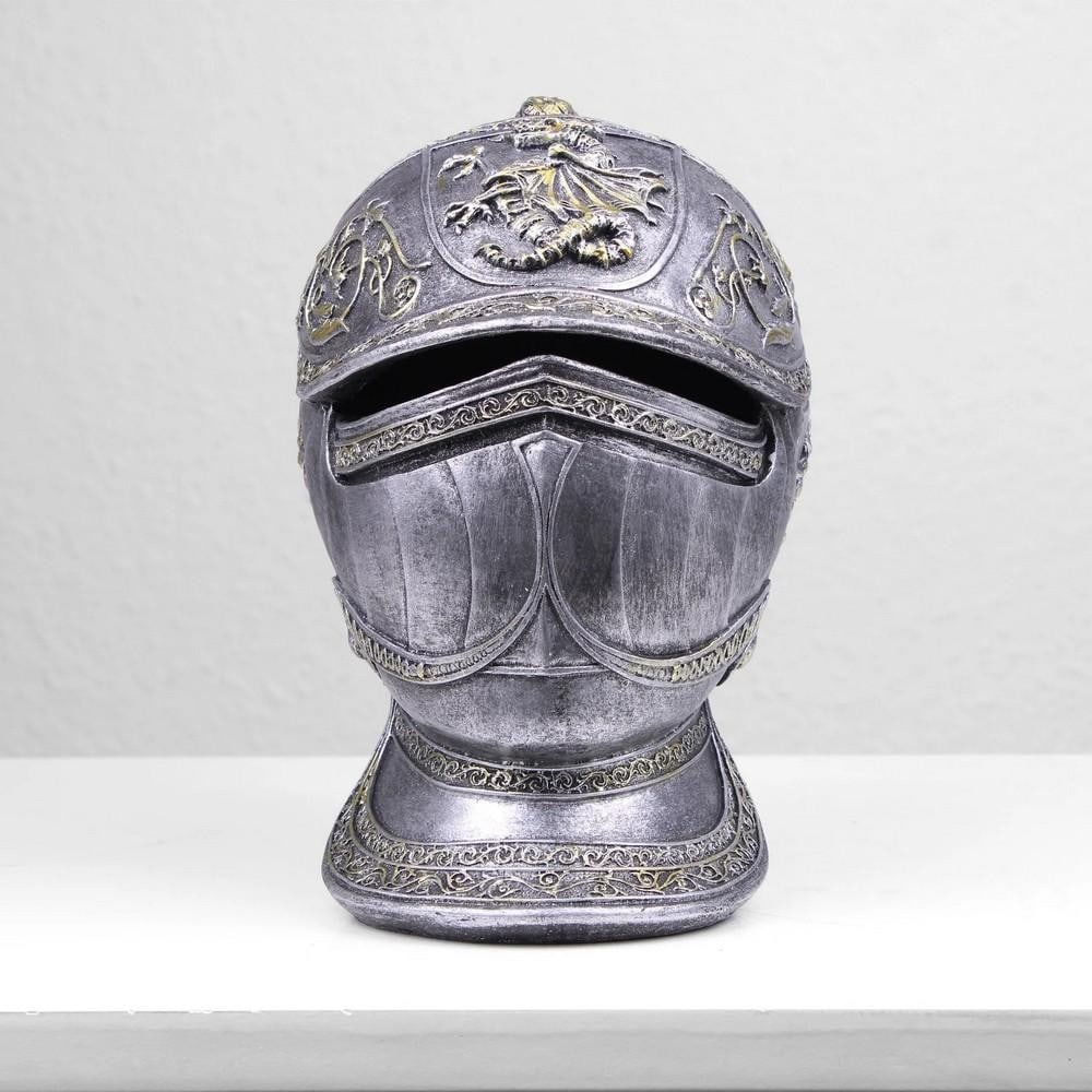 Medieval Knight Helmet Piggybank Cold Cast Bronze Sculpture - (1.3lbs): Medieval Knight Helmet Piggybank Cold Cast Bronze Sculpture - (1.3lbs) The Knight Medieval Helmet Piggybank, crafted in cold cast bronze, blends medieval style with functionality. Its intricate