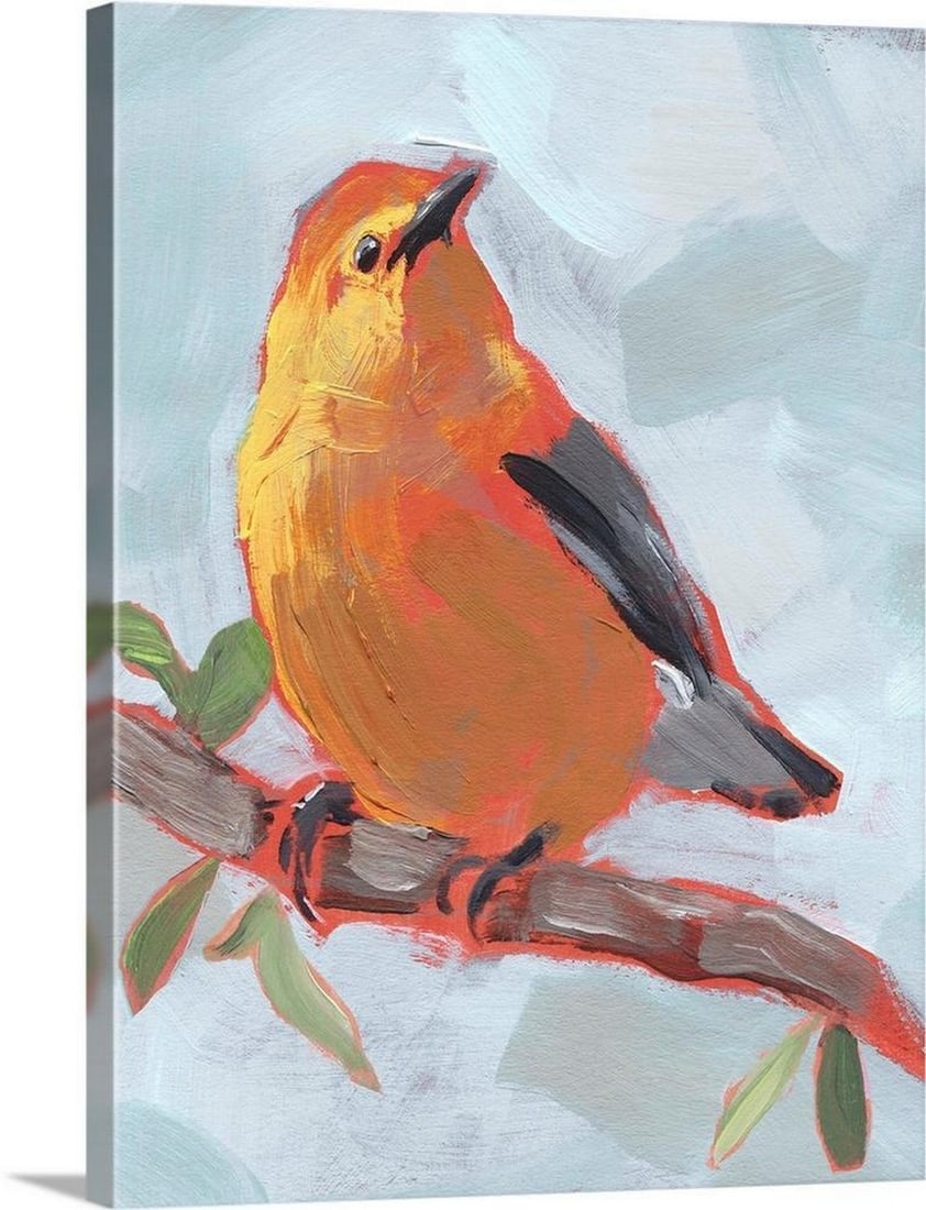 Painted Songbird III Canvas Reproduction Print: Painted Songbird III Canvas Reproduction Print By Jennifer Paxton Colorful orange bird perched on a branch in the sunlight. Width: 18 inches Height: 24 inches View photos for further details.