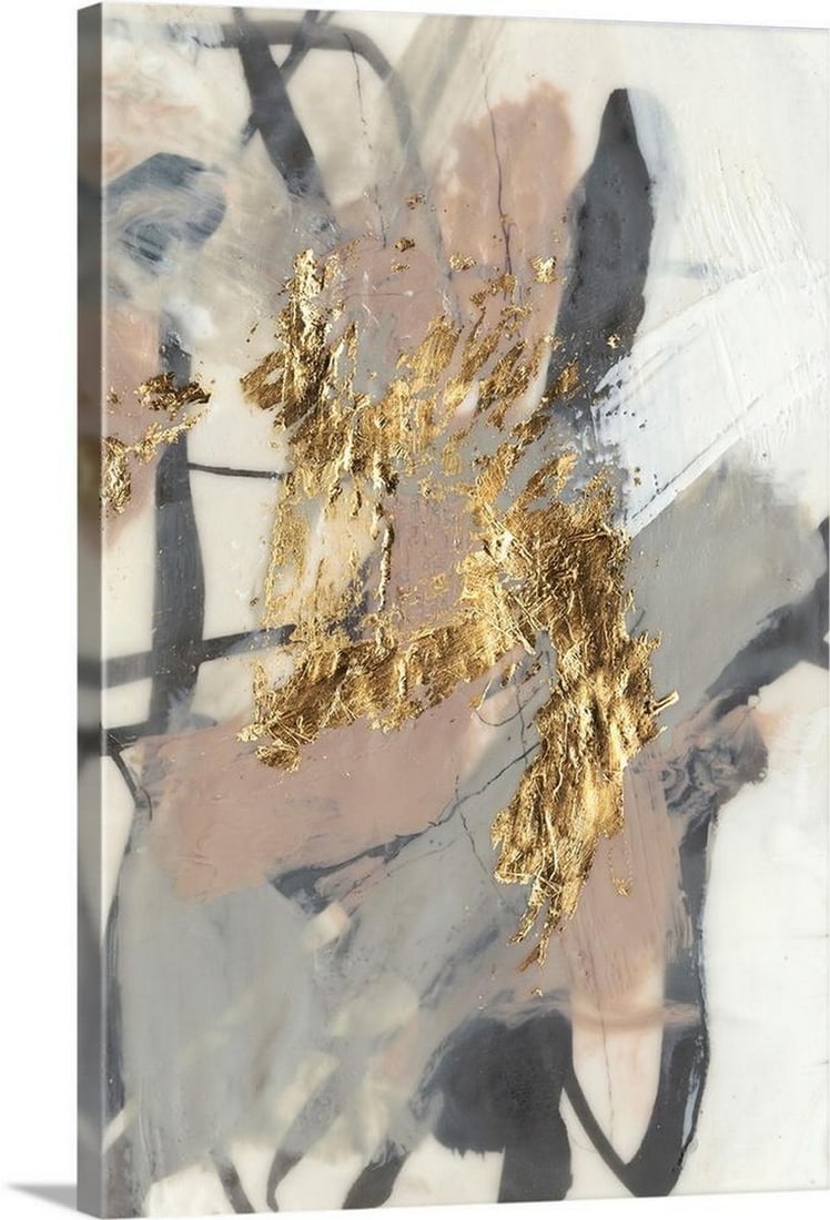 "Golden Blush II" by Jennifer Goldberger Canvas Reproduction: "Golden Blush II" by Jennifer Goldberger Canvas Reproduction Abstract of chaotic brush strokes of gray, black and beige in washed out shaded on a cream background with metallic gold accents
