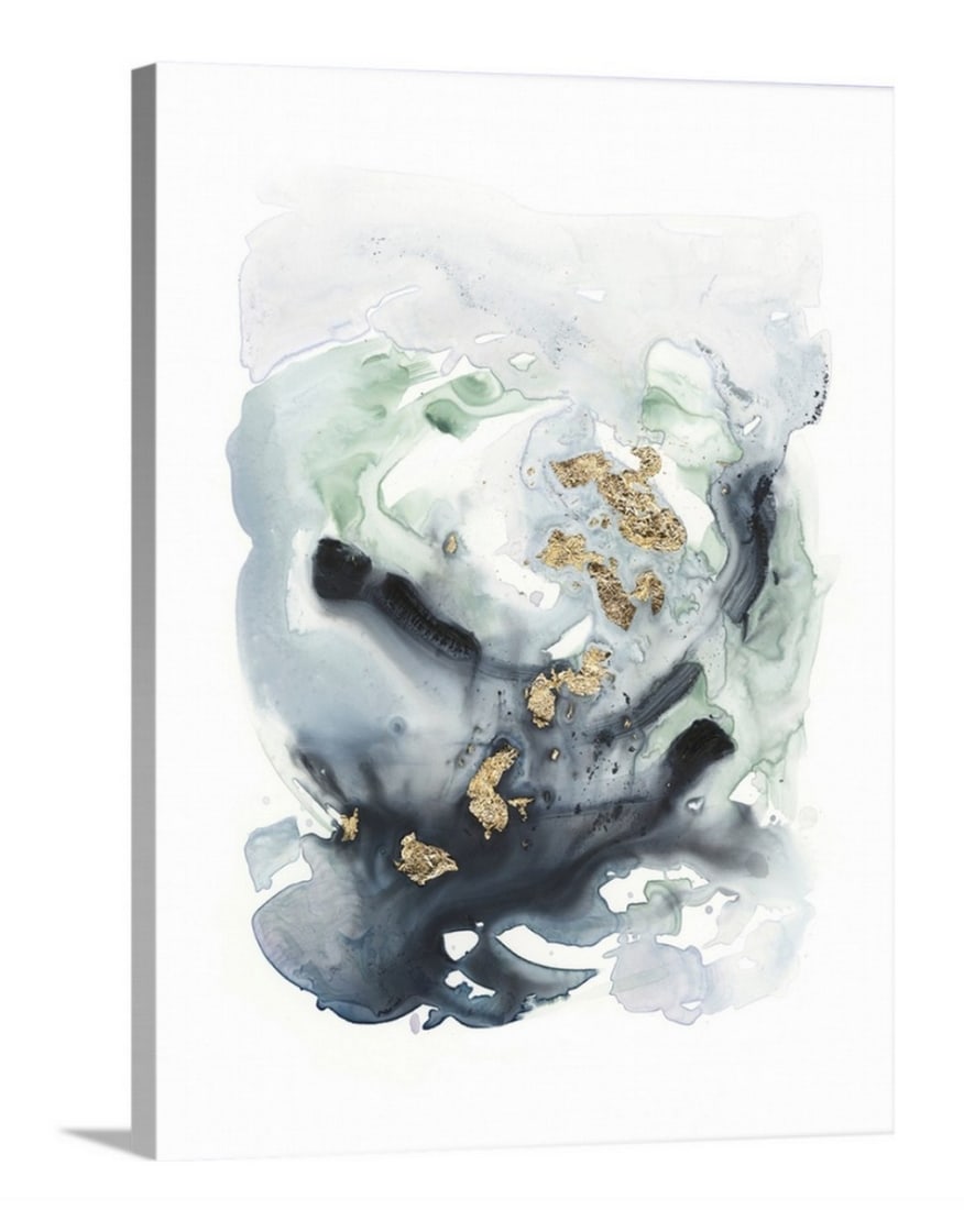 "Archipelago I" Canvas Reproduction by Victoria Borges: "Archipelago I" Canvas Reproduction by Victoria Borges Watercolor painting of blending tones of gray and green with metallic gold leaf accents. About the Artist: Victoria Borges art style can
