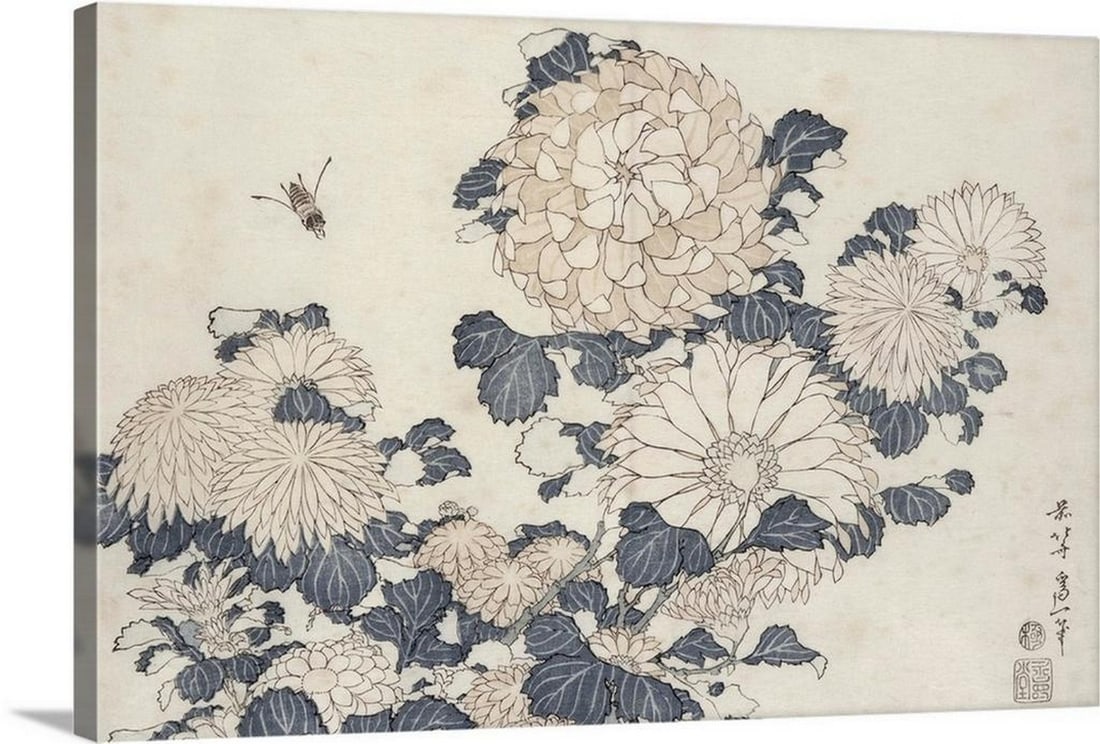 Bee and Chrysanthemums from the Big Flowers Series Canvas Reproduction Wall Art by Katsushika Hokusa (1 of 2)