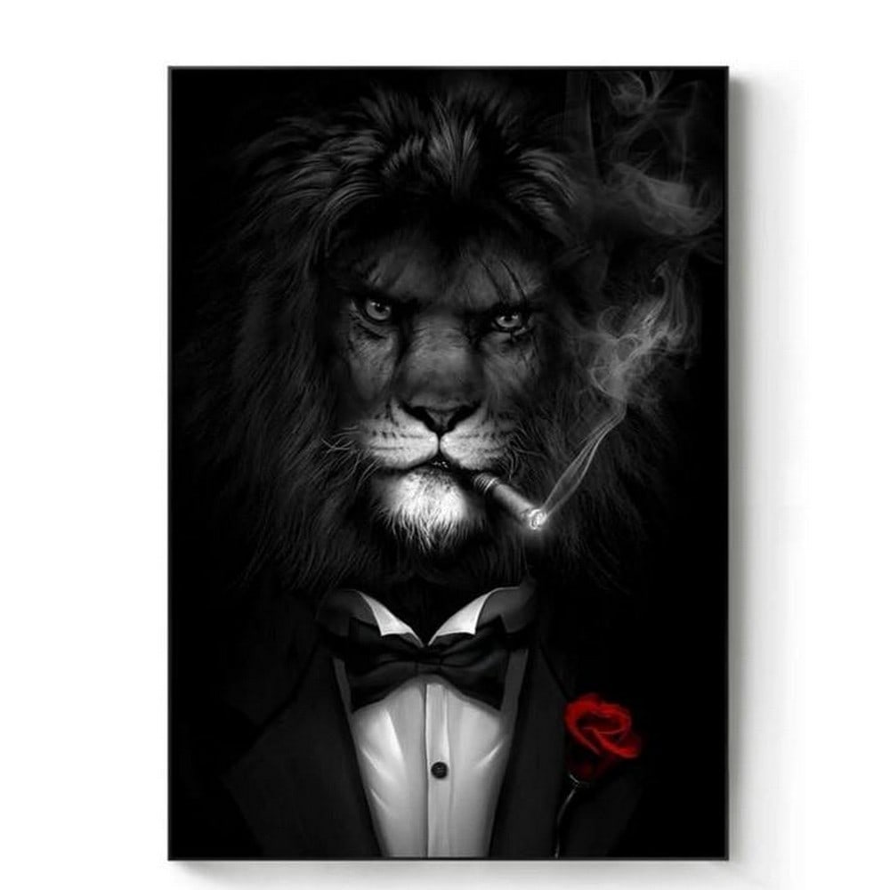 Lion's Night Out Picture: Lion's Night Out Picture. In this striking image, a lion exudes undeniable charisma, dressed in a sharp tuxedo and enjoying a cigar with a laid-back sophistication. The contrast of the elegant att