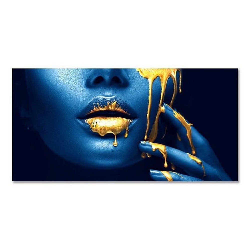 Golden Glam: The Blue Muse Picture: Golden Glam: The Blue Muse Picture. This piece is a captivating canvas artwork that celebrates beauty and individuality through a striking blue visage adorned with shimmering gold drips. This bold and