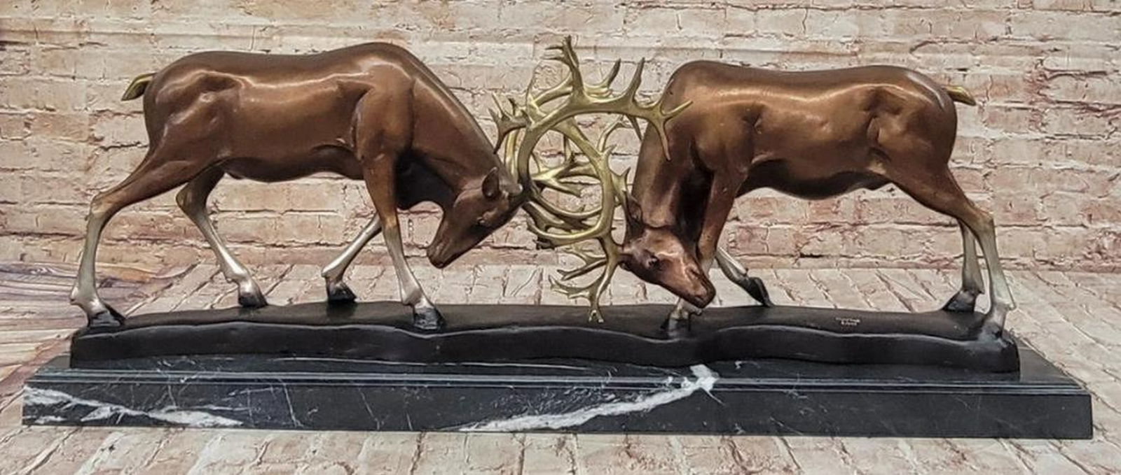 Two Stags Deer Fighting" Bronze Sculpture by Marius - 12.5" x 34: "Two Stags Deer Fighting" Bronze Sculpture by Marius - 12.5" x 34" Presenting the "Two Stags Deer Fighting" bronze sculpture, a dynamic and captivating piece that captures the