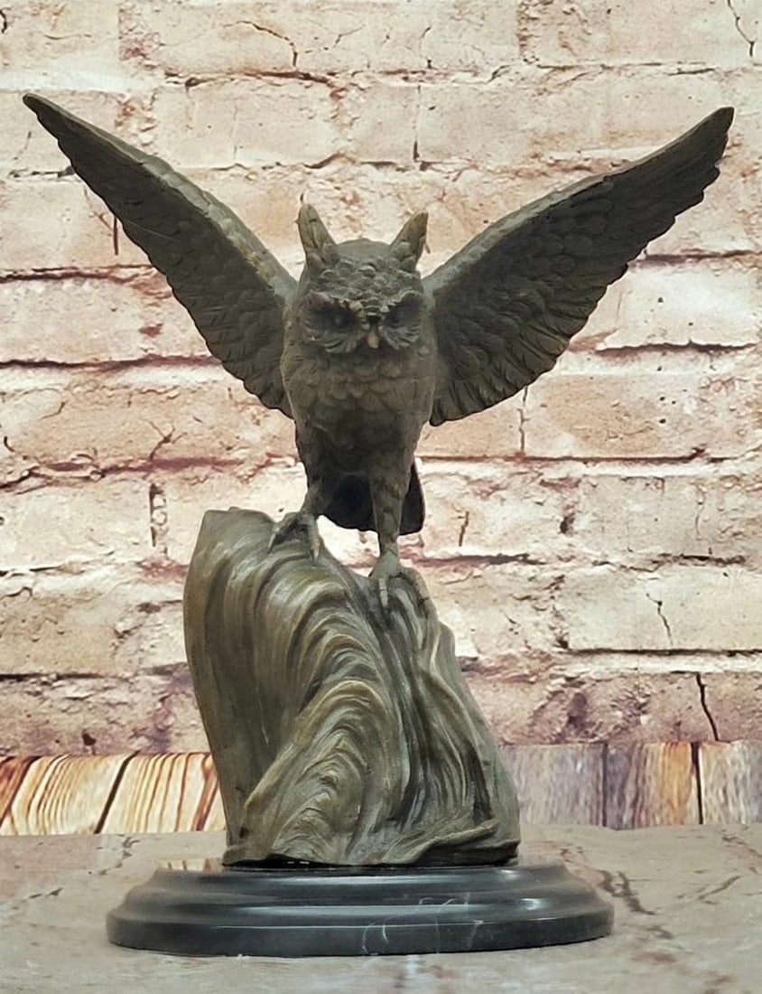 Owl Taking Flight Original Bronze Statue - 9" x 8": Owl Taking Flight Original Bronze Statue - 9" x 8" This bronze owl sculpture captures the bird’s wisdom and mystery as it perches on a rugged tree stump. Intricately detailed feathers and p