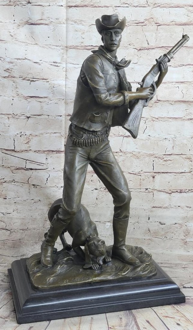 Signed Original Aldo Vitaleh Cowboy W/ Gun and His Dog Bronze Sculpture Statue: The cowboy stands, mouth agape, with his herding dog in the thin light of the moon that covers the landscape. He was awoken from his rest after a hard day of pushing a herd of cattle across the extens