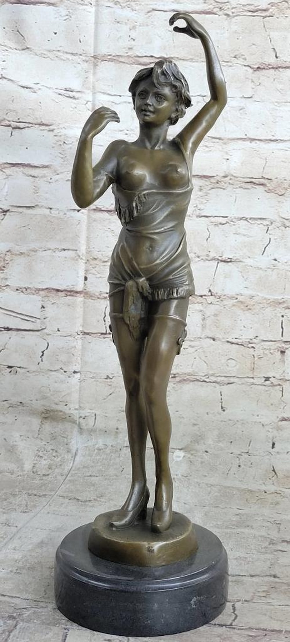 Signed Vitaleh Exotic Nude Bronze Art Deco Sculpture On Marble Base - 8lbs: This a natural and exotic sculpture shows a dancer mid-motion. Her arms are artistically and freely up in the air. She is dressed skimpily in a short wrap that reveals her breasts. Her toned legs have