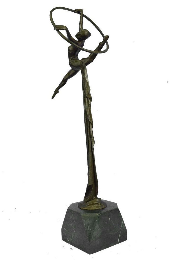 Original Miguel Lopez Gymnast Trapeze Artist Bronze Sculpture: Original Miguel Lopez Gymnast Trapeze Artist Bronze Sculpture The beautiful Gymnast is seen leaping into the air as a fabric banner, coated in a vibrant brown patina, twines itself around her sculpte
