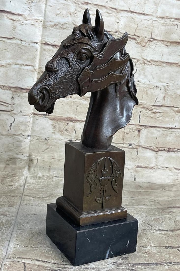 Horse Head Bronze Bust Statue Sculpture Figure Original Art Decor Equestrian 10.5" x 6": This gorgeous bronze bust of a horse is unique and filled with a raging vibe of energy. The horse seems to be excited or spooked. He bends his head down towards his body as his hair flows upwards as i