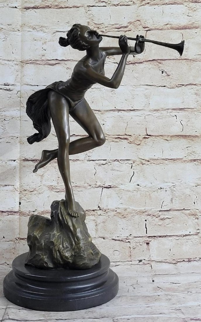 Original Vitaleh Instrumental Wood Nymph Playing Flute Bronze Sculpture - 13lbs: Sexy Wood nymph is singing and dancing positively elated with the sounds of the flute and beauty of the forest. The woman squats low to the ground and blows into her instrument as she clapping to the