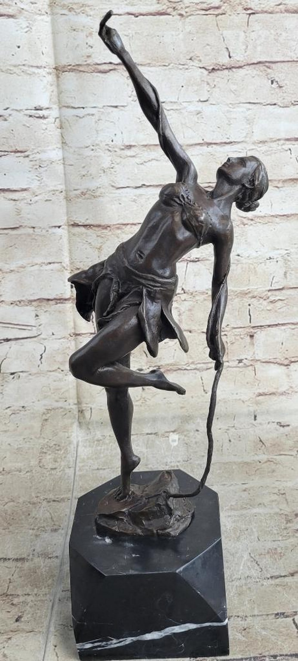 Art Deco Inspired Romanian Rope Dancer Bronze Sculpture On Marble Base - 10lbs: This creative sculpture by D.H. Chiparus depicts a stylish dancer. In a Chiparus fashion the sculpture reflects influences from Russian and French dance. The body of the woman has a multi color patina