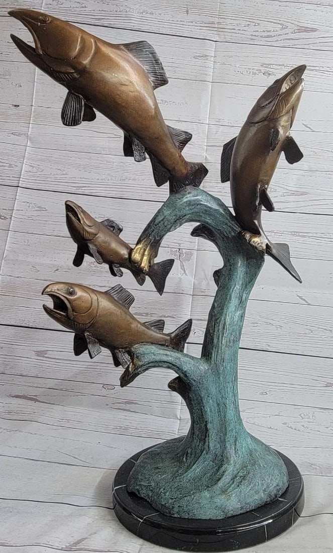 Original 4 Fish Jumping Out of Water Bronze Sculpture - 25" x 18": Original 4 Fish Jumping Out of Water Bronze Sculpture - 25" x 18" In his own award-winning style, Marius has captured the subtle nuances that reveal the character and uniqueness of each indiv