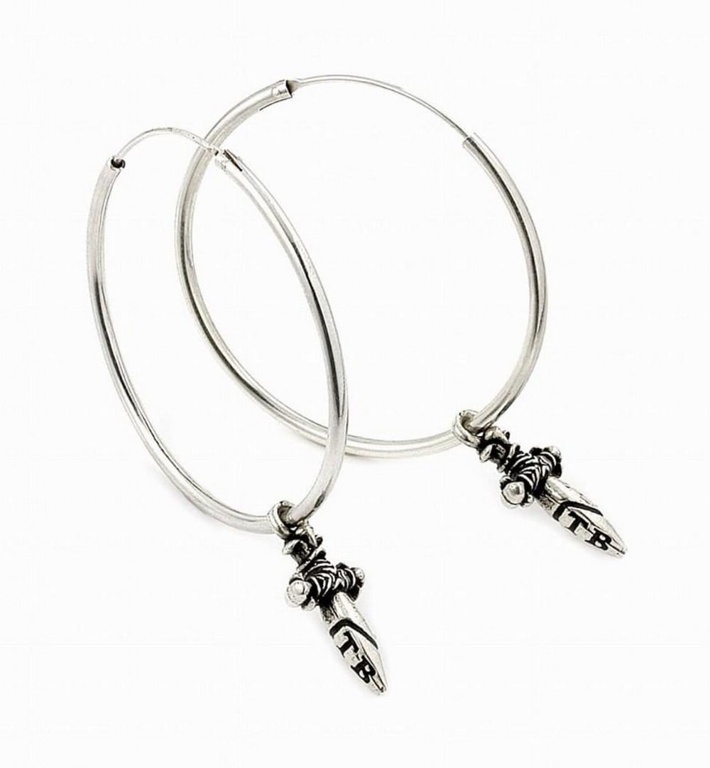 Small Dangling Dagger Twisted Blade Hoop Earrings: Small Dangling Dagger Twisted Blade Hoop Earrings Twisted Blade is .925 Sterling Silver Twisted Blade floral pattern hoop earrings Hand-crafted to utter perfection. Silver Weight: 14.6 grams View Ph