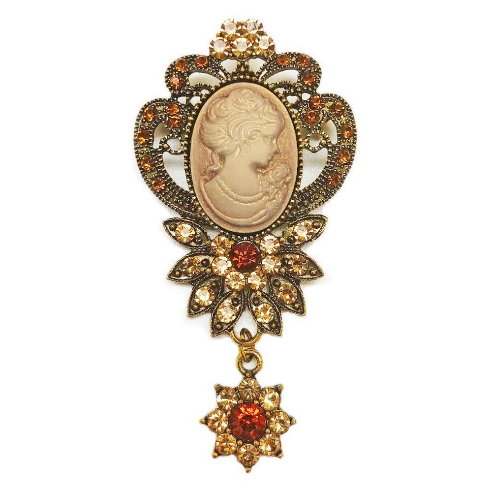Ladies Bejewelled & Dangling Rhinestone Silhouetted Cameo Brooch (1 of 3)