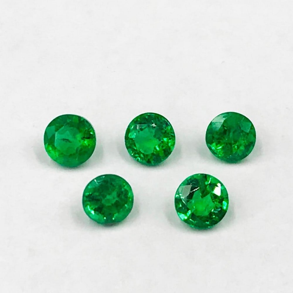 Five Faceted Round Emeralds: For many, emerald is considered to be the symbol of rebirth. It is also believed to represent good fortune, youth, balance, growth, peace, and foresight Size- 3.5 mm, Weight- 0.78 ct View photos
