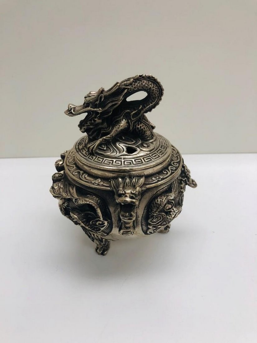 Tibetan Silver Incense Burners With Dragon Motif: Tibetan Silver Incense Burners With Dragon Motif. View Photos For Further Details.