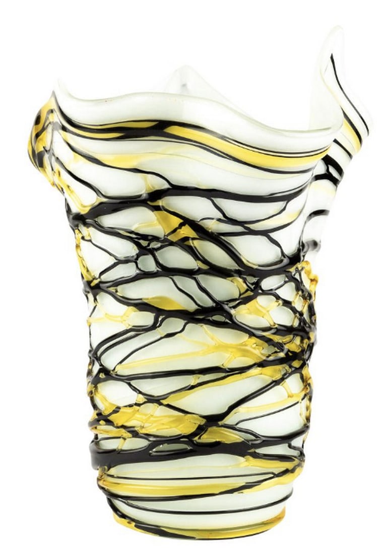 Filante Vase: Blown Glass Masterpiece in Original Murano Glass: Filante Vase: Blown Glass Masterpiece in Original Murano Glass Handmade blown vase in white with striking black and amber details. This vibrant vase is ideal for brightening up spring décor or enhan