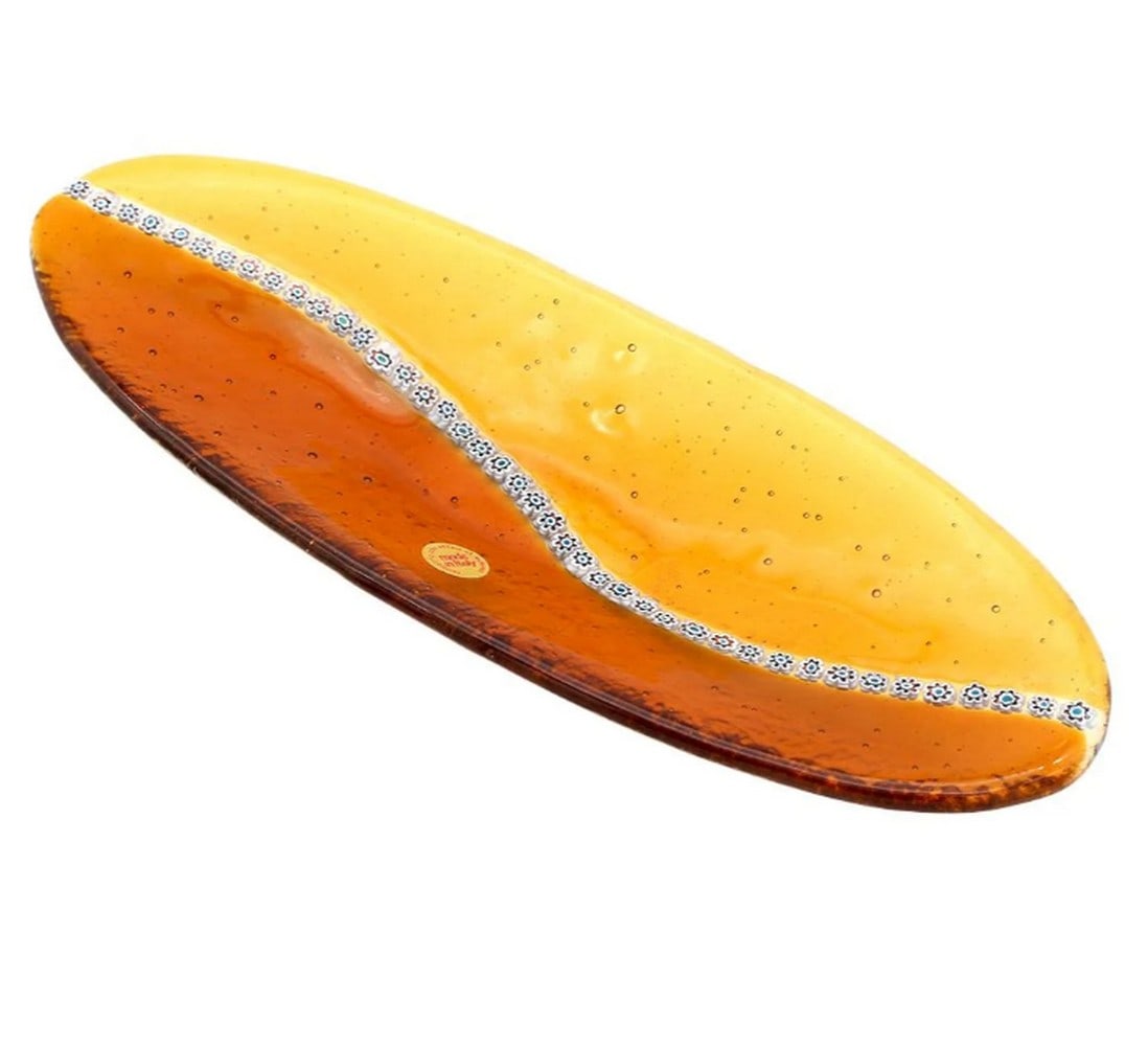 Amber Millefiori Fused Glass Catchall Plate: Amber Millefiori Fused Glass Catchall Plate This handcrafted glass dish showcases delicate Murrina decoration, created using the traditional technique of glass fusing. Rich amber tones and embedded m