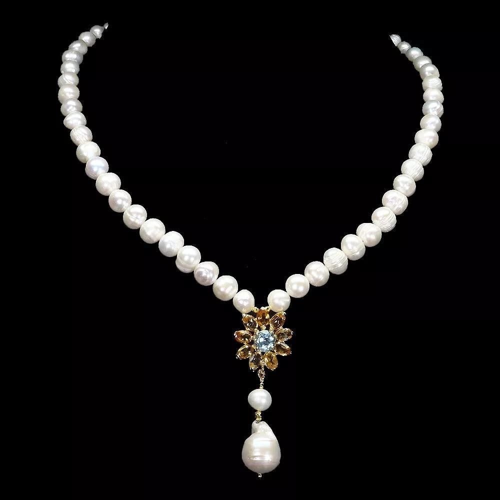 19" Heated Sky Blue Topaz, Citrine, and Pearl Sterling Silver Necklace: 19" Heated Sky Blue Topaz, Citrine, and Pearl Sterling Silver Necklace This exquisite 19-inch necklace showcases a stunning combination of heated sky blue topaz, vibrant citrine, and lustrous pea