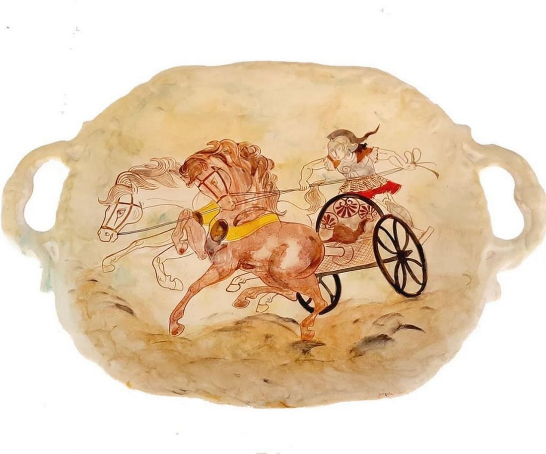 Achilles in His Chariot – Ancient Greek Ceramic Decorative Tray: Achilles in His Chariot – Ancient Greek Ceramic Decorative Tray Enhance your decor with a ceramic decorative tray depicting Achilles in his chariot, drawn by two horses. Inspired by classical Greek