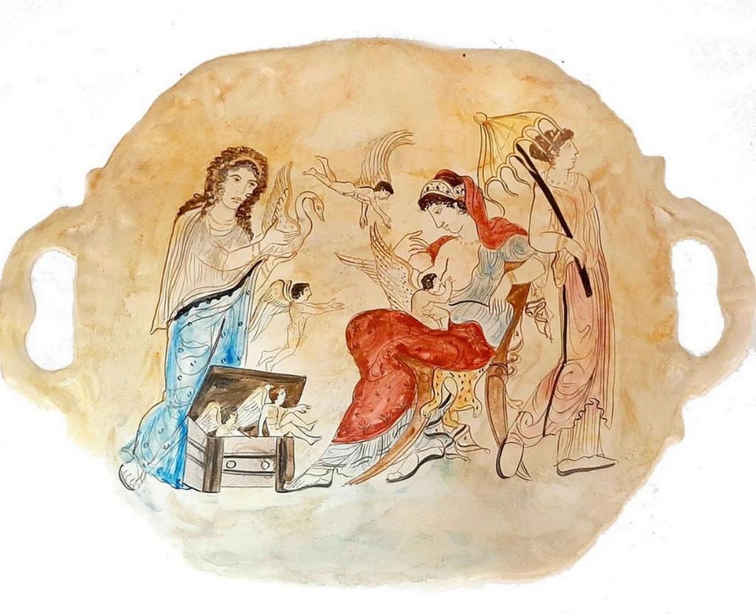 Goddess Aphrodite Nursing Eros Ancient Greek Ceramic Decorative Tray: Goddess Aphrodite Nursing Eros Ancient Greek Ceramic Decorative Tray Enhance your decor with a ceramic decorative tray inspired by ancient Greek pottery, featuring a scene of Goddess Aphrodite