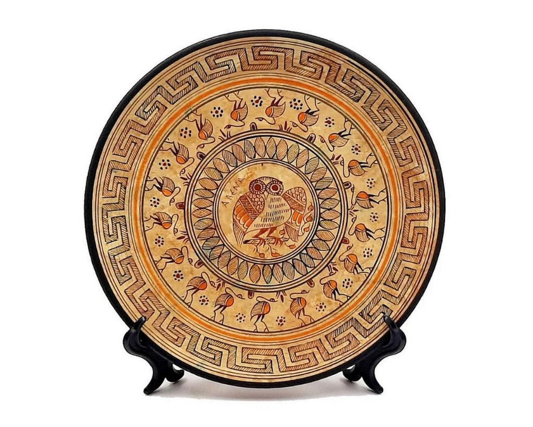 Geometric Greek Pottery – Owl Decorative Ceramic Plate: Geometric Greek Pottery – Owl Decorative Ceramic Plate Enhance your decor with a ceramic plate featuring an owl at its center, executed in the Geometric art style of ancient Greece (c. 900–700