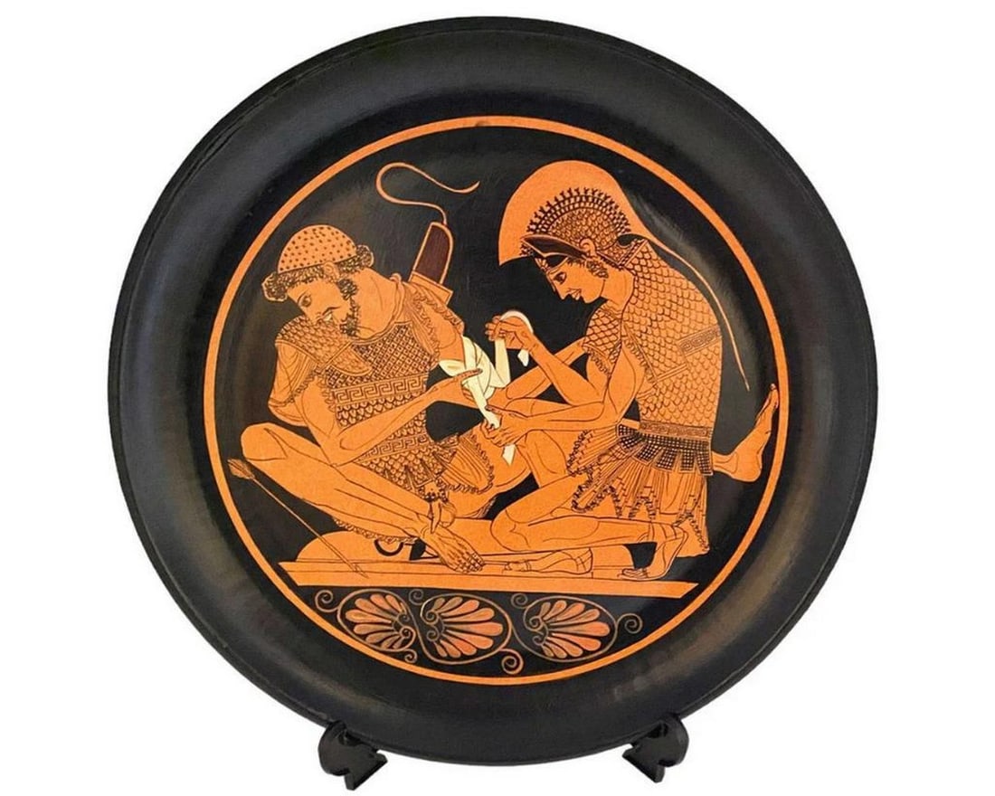 Greek Red-Figure Kylix Ceramic Plate – Achilles and Patroclus Replica: Greek Red-Figure Kylix Ceramic Plate – Achilles and Patroclus Replica This ceramic decorative plate is a museum-style reproduction of a red-figure kylix attributed to the Sosias Painter (circa 500