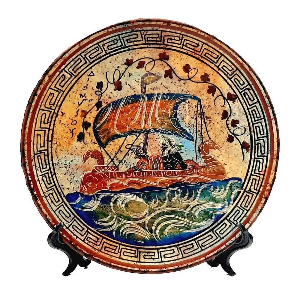 Greek Red-Figure Ceramic Plate Dionysus on Ship Replica: Greek Red-Figure Ceramic Plate Dionysus on Ship Replica This 24 cm Ancient Greek–inspired decorative pottery plate evokes the grandeur of classical Greek tradition and is crafted in the style of