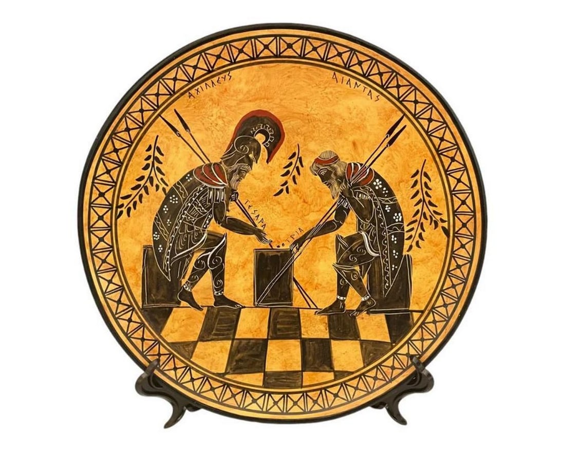 Greek Black-Figure Ceramic Plate – Ajax and Achilles Gaming Replica: Greek Black-Figure Ceramic Plate – Ajax and Achilles Gaming Replica This 24 cm Ancient Greek ceramic plate reproduction is inspired by black-figure pottery from the Archaic period (circa 540–530