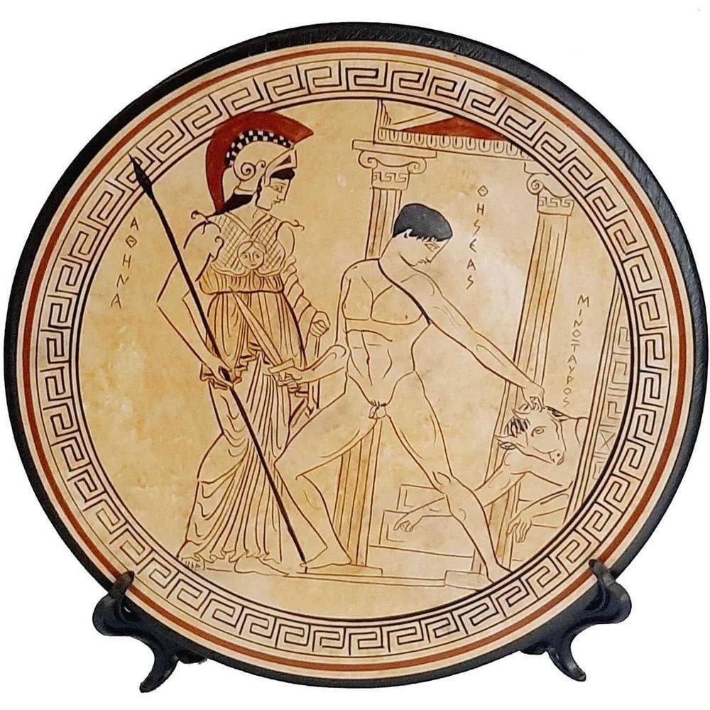 Greek Attic White-Ground Ceramic Plate – Theseus and the Minotaur Replica: Greek Attic White-Ground Ceramic Plate – Theseus and the Minotaur Replica This 24 cm Ancient Greek ceramic plate reproduction is inspired by Attic white-ground pottery and reflects the refined