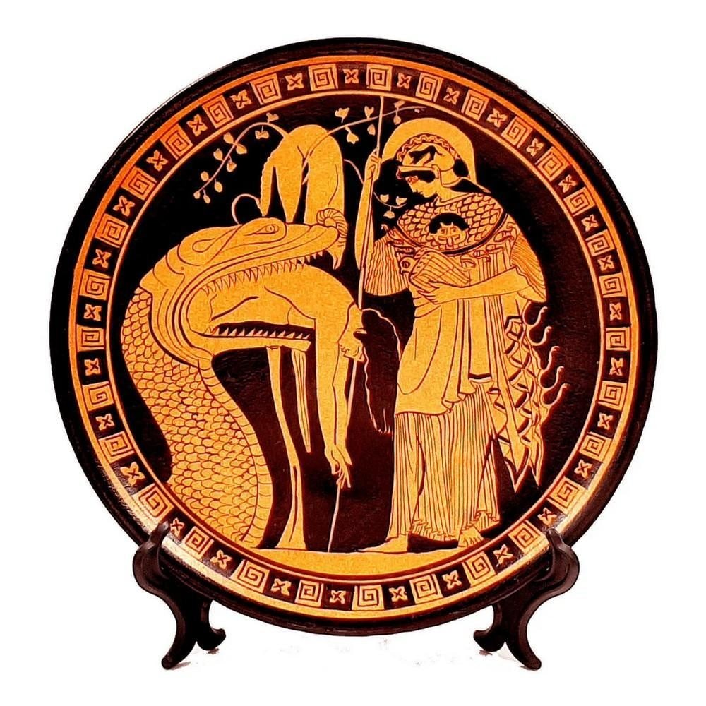 Greek Red-Figure Ceramic Plate Jason and Athena Replica: Greek Red-Figure Ceramic Plate Jason and Athena Replica This 24 cm Ancient Greek–inspired ceramic plate reproduction is executed in the red-figure technique of the late 6th–5th century BCE, where