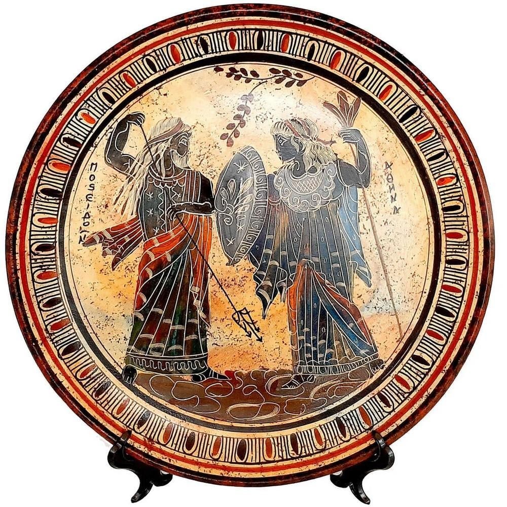 Greek Ceramic Plate – Poseidon and Athena Replica: Greek Ceramic Plate – Poseidon and Athena Replica This 28 cm Ancient Greek–inspired decorative ceramic plate draws on the heritage of antiquity and the tradition of mythological storytelling in cl