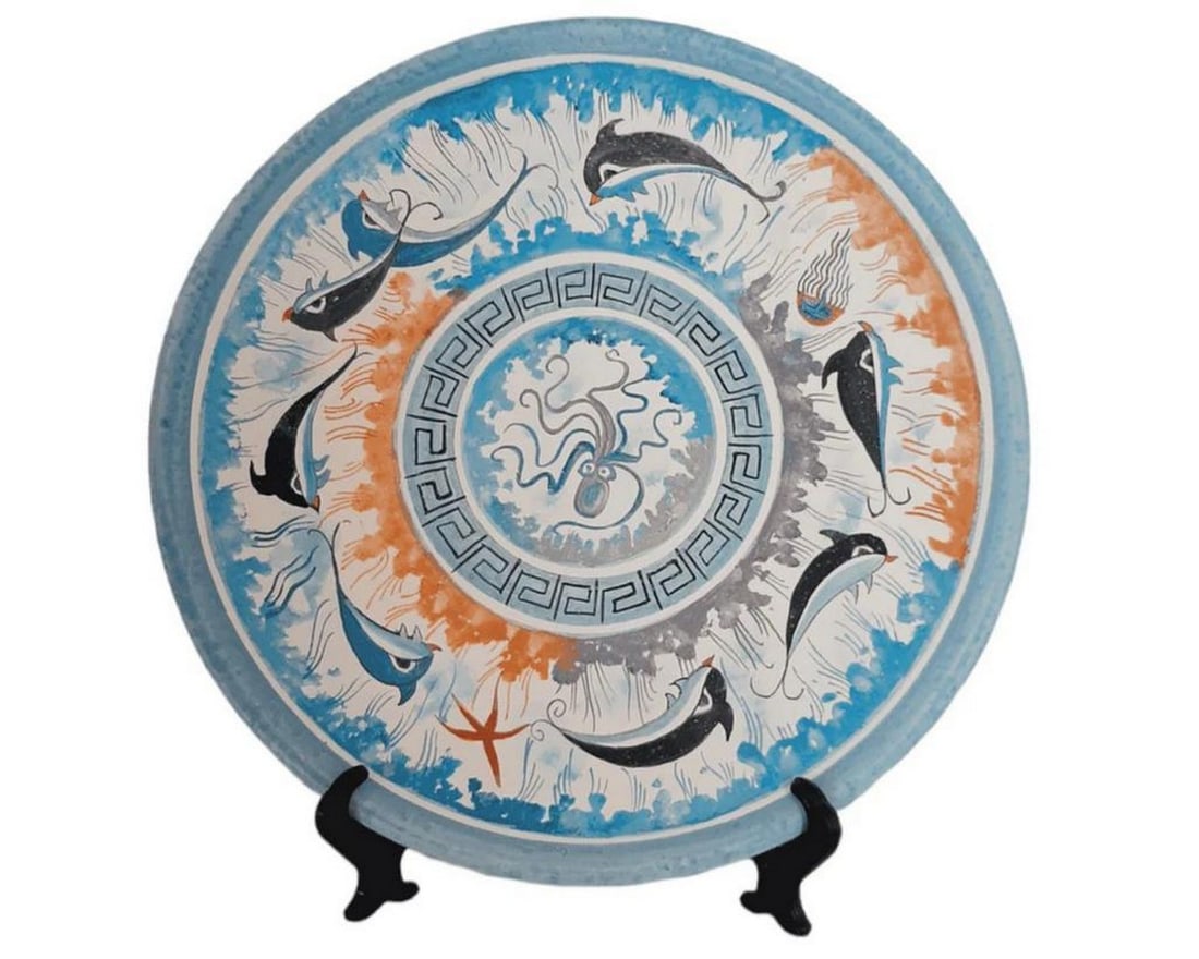 Greek Minoan Art Ceramic Plate Nature Motif Replica: Greek Minoan Art Ceramic Plate Nature Motif Replica Inspired by the art of the Minoan civilization of Bronze Age Crete (2000–1300 BCE), this decorative ceramic plate reflects the vibrant natural the