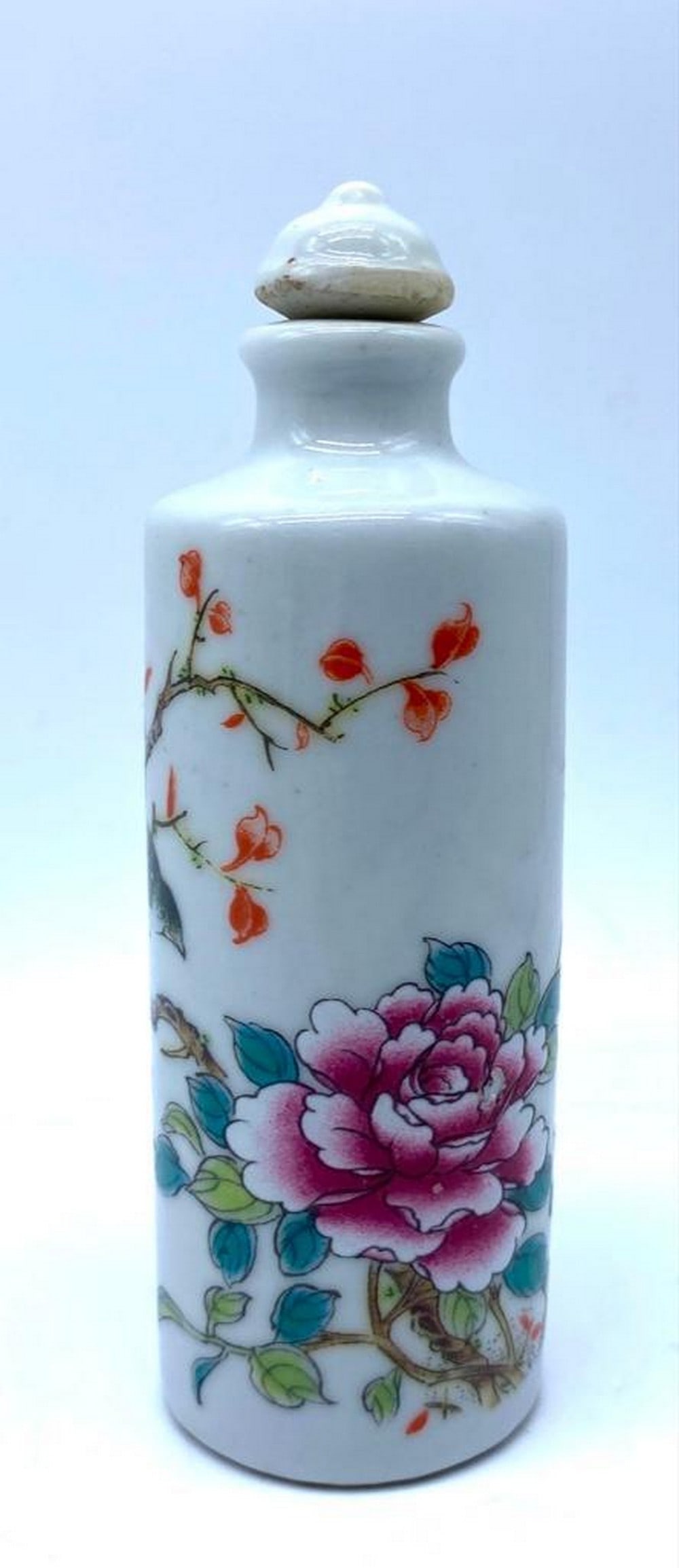 Handmade Asian Porcelain Bird in a Colorful Flower Tree White Snuff Bottle With Stopper: Handmade Asian Porcelain Bird in a Colorful Flower Tree White Snuff Bottle With Stopper. This Beautiful Snuff Bottle Has Unique Flower Colors Such As Orange, Pink, Dark & Light Green &
